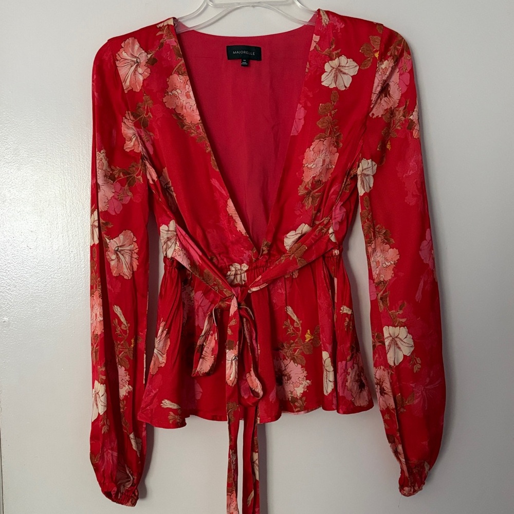 MAJORELLE for Revolve Red Long Sleeve Floral V-neck Romantic Boho Blouse, XXS